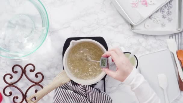 Karameliserende Suiker Steelpan Zelfgemaakte Lolly Maken — Stockvideo