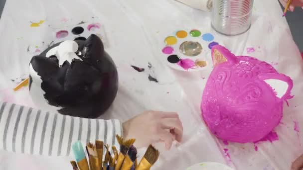 Flat Lay Painting Craft Pumpkin Acrylic Paint Halloween — Stock Video