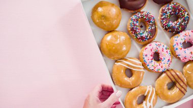 Düz yatıyordu. Beyaz bir karton kutuda mağazadan alınmış donutların çeşitliliği.