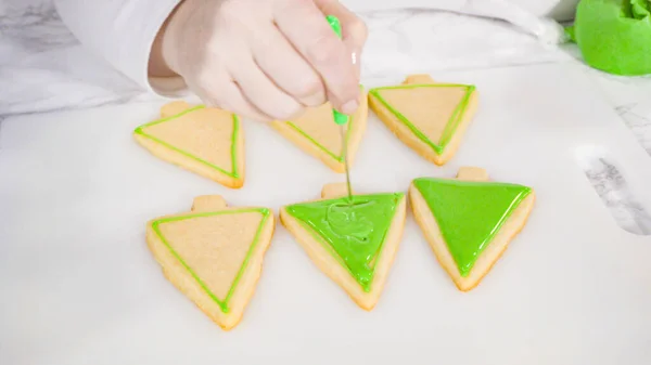 Passo Dopo Passo Biscotti Zucchero Forma Albero Natale Con Glassa — Foto Stock