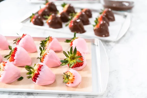 Zubereitung Von Mit Schokolade Überzogenen Erdbeeren Auf Einem Plätzchenblech — Stockfoto