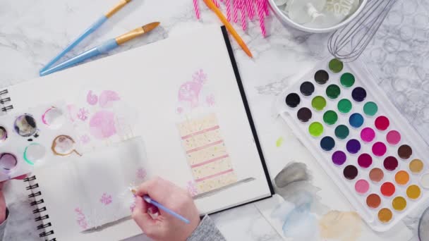 Baker Dessine Conception Gâteau Anniversaire Avec Des Aquarelles — Video