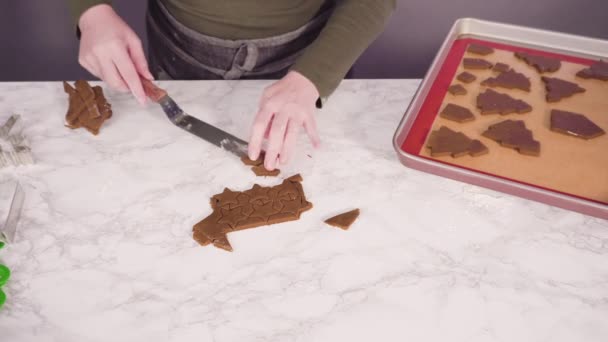 Memotong Kue Gula Dengan Pemotong Kue Natal Raksasa — Stok Video