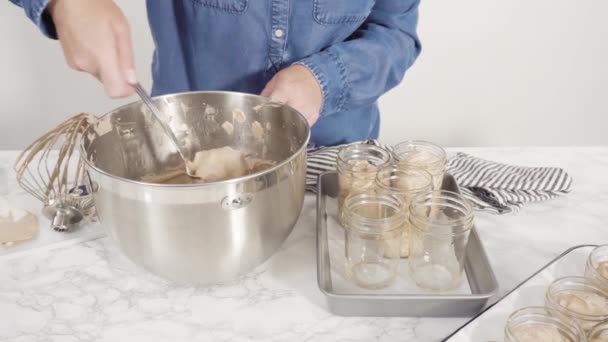 Scooping Homemade Chocolate Ice Cream Glass Jars — Stock Video