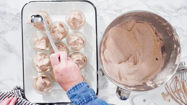 Flat Lay Step Step Scooping Homemade Chocolate Ice Cream Glass — Stock Photo, Image