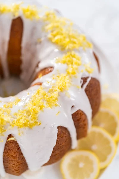 Lemon Bundt Cake Decorated Lemon Zest Cake Stand — Stock Photo, Image