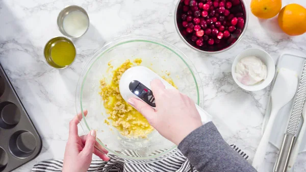 Flat Lay Step Step Mixing Ingredients Mixing Bowl Bake Cranberry — Stock Photo, Image