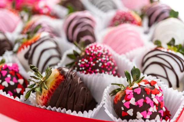 Variety Chocolate Dipped Strawberries Heart Shaped Box — Stock Photo, Image