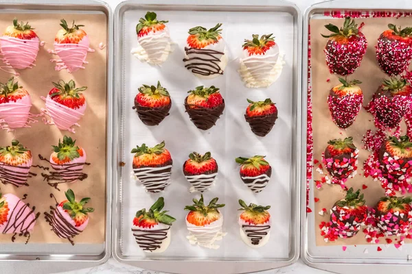 Flach Lag Verschiedene Schokoladen Erdbeeren Auf Pergamentpapier — Stockfoto