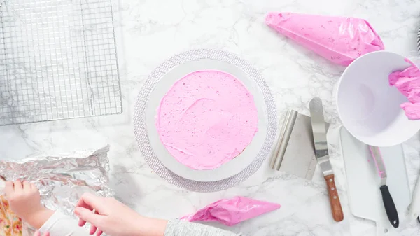 Flat Lay Step Step Frosting Funfetti Cake Layers Pink Buttercream — Stock Photo, Image