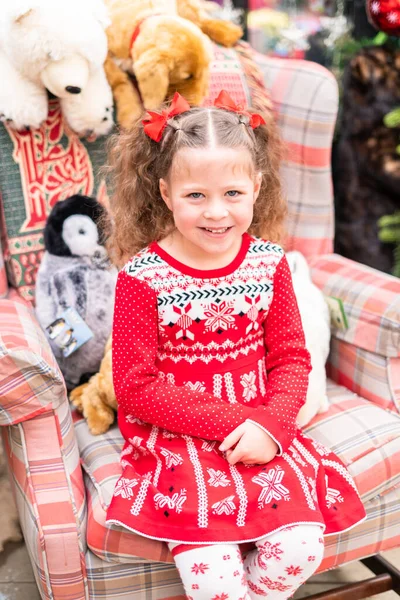 Little Girl Red Dress Christmas Tree Farm — Stock Photo, Image