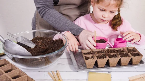 Kleines Mädchen Hilft Beim Pflanzen Von Kräutersamen Kleine Gefäße Für — Stockfoto