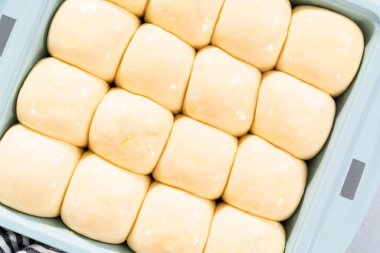 Fırında pişirmeden önce yumurta ve süt karışımıyla yemek rulolarını fırçalamak.