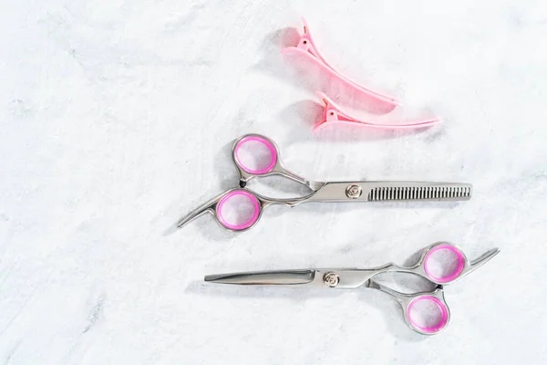 New Barber Pink Scissors Gray Background — Stock Photo, Image