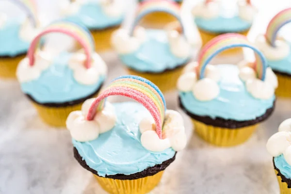 Chocolate Cupcakes Decorated Blue Buttercream Frosting Rainbow Unicorn Theme Birthday — Stock Photo, Image