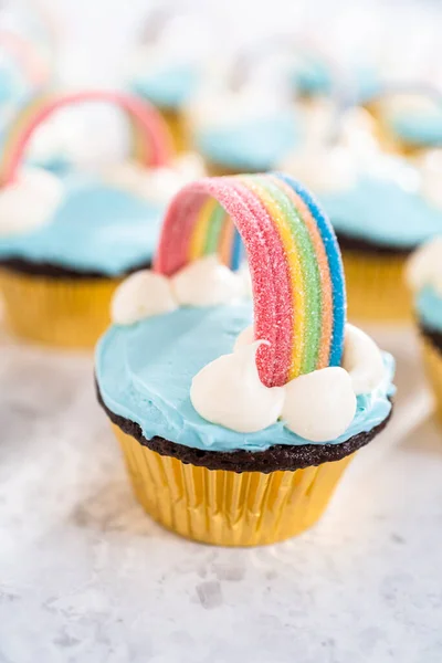 Chocolate Cupcakes Decorated Blue Buttercream Frosting Rainbow Unicorn Theme Birthday — Stock Photo, Image