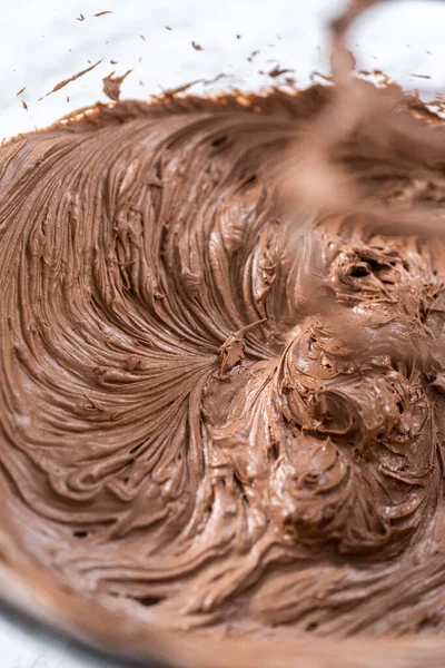 Mixing Store Bought Chocolate Frosting Mixing Glass Bowl Hand Mixer — Stock Photo, Image