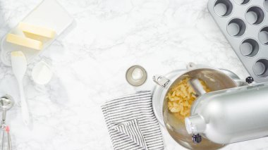 Düz yatıyordu. Adım adım. Denizkızı temalı vanilyalı kekler pişirmek için mutfak mikserinde malzemeleri karıştırıyorum..