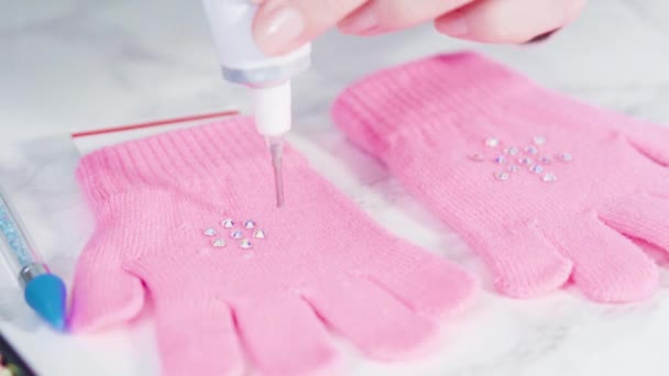 Luvas Crianças Rosa Strass Com Formas Floco Neve — Vídeo de Stock