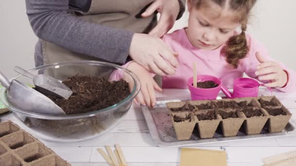 Niña Plantando Semillas Macetas Turba Para Iniciar Huerto Interior — Vídeo de stock