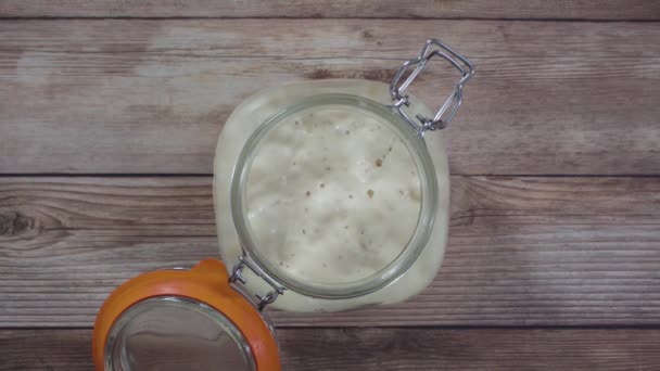 Feeding Sourdough Starter Glass Mason Jar Baking Artisan Bread — Stock Video