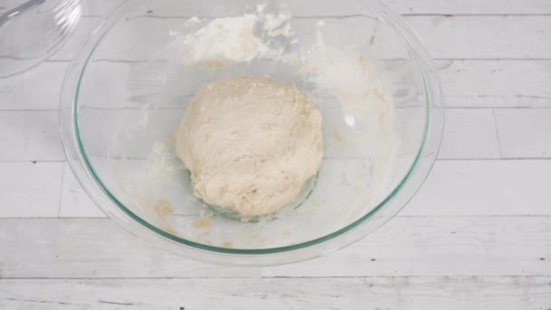 スタンドアロンキッチンミキサーでパン生地を混ぜ 愛国的なシナモンのねじれを焼く — ストック動画