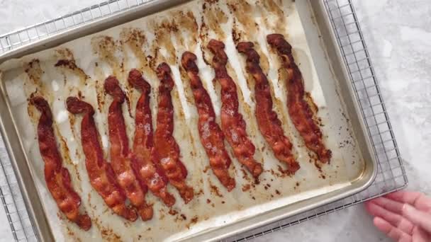 Cooked Bacon Strips Baking Sheet White Parchment Paper — Stock Video