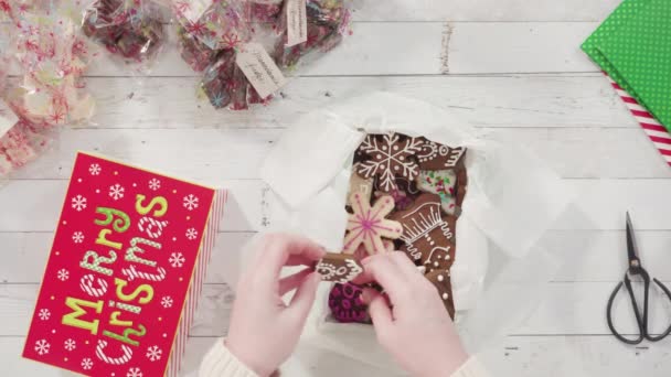 Ambalarea Budincă Casă Cookie Uri Într Cutie Cadou Crăciun — Videoclip de stoc