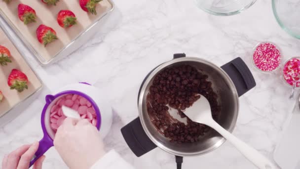 Arrangieren Von Bio Erdbeeren Auf Einem Backblech Schokolade Eingetauchte Erdbeeren — Stockvideo