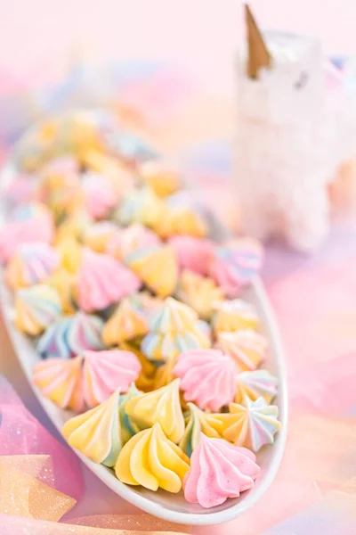 Multicolored Unicorn Meringue Cookies White Serving Plate — Stock Photo, Image