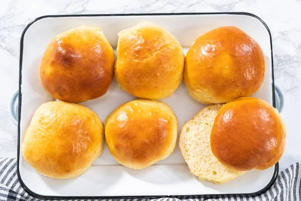 Freshly Baked Brioche Buns Metal Serving Tray — Stock Photo, Image