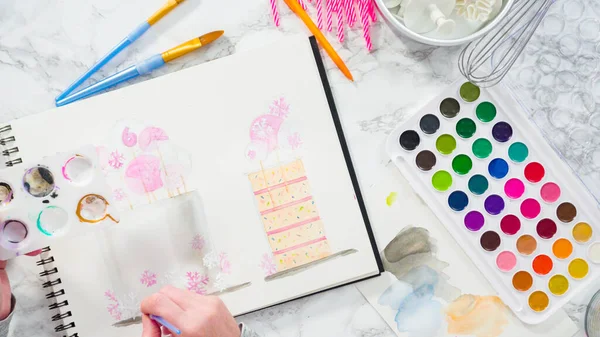 Flat Lay Baker Drawing Design Birthday Cake Watercolors — Stock Photo, Image
