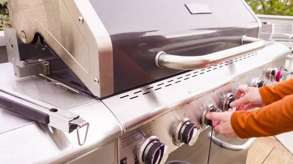 Cooking Bacon Stips Outdoor Gas Grill — Stock Photo, Image