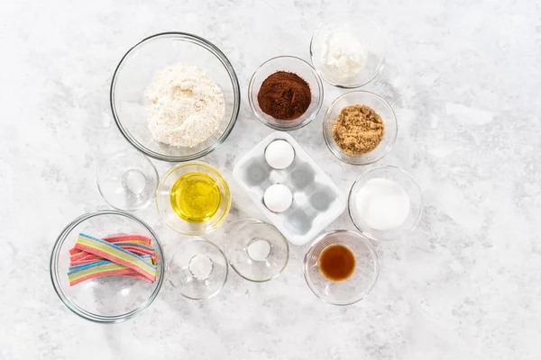 Flat Lay Ingredients Prepare Unicorn Rainbow Chocolate Cupcakes Counter — Stock Photo, Image