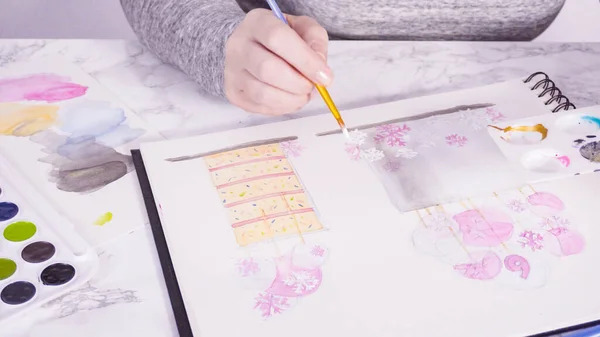 Baker Está Dibujando Diseño Pastel Cumpleaños Con Acuarelas — Foto de Stock