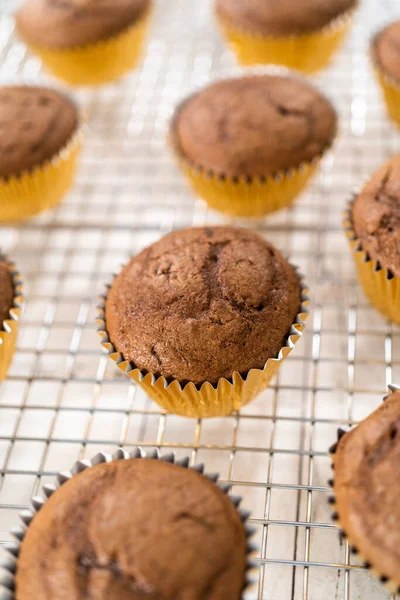 Kylning Nybakad Choklad Hallon Cupcakes — Stockfoto