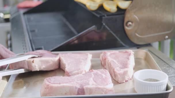 Asar Salmón Atlántico Pechuga Pollo Pinchos Verduras Hamburguesas Vegetarianas Una — Vídeo de stock