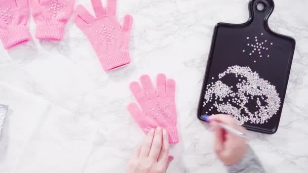 Rhinestone Pink Kids Gloves Snowflake Shapes — Stock Video