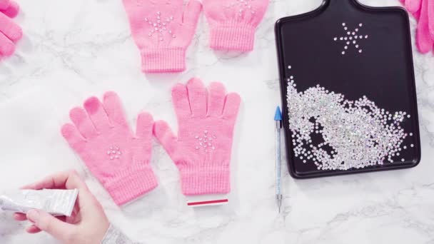 Rhinestone Pink Kids Gloves Snowflake Shapes — Stock Video