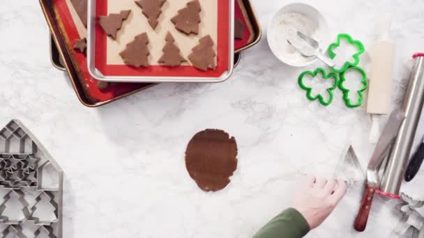 Φτιάχνοντας Χριστουγεννιάτικα Μπισκότα Ζάχαρης Κοντινό Πλάνο Top View — Αρχείο Βίντεο
