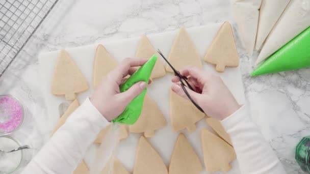 Icing Christmas Tree Shaped Sugar Cookies Royal Icing — Stock Video