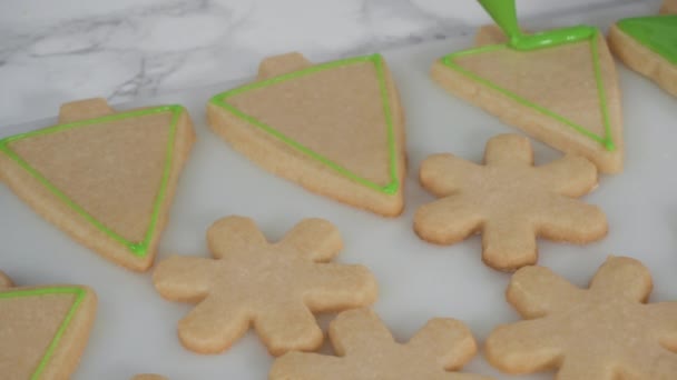 Icing Kerstboom Vormige Suikerkoekjes Met Koninklijke Glazuur — Stockvideo