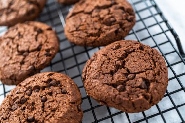 Soğutma dolabında taze pişmiş çift çikolatalı kurabiye..