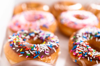 Beyaz bir karton kutuda mağazadan alınmış donutların çeşitliliği.