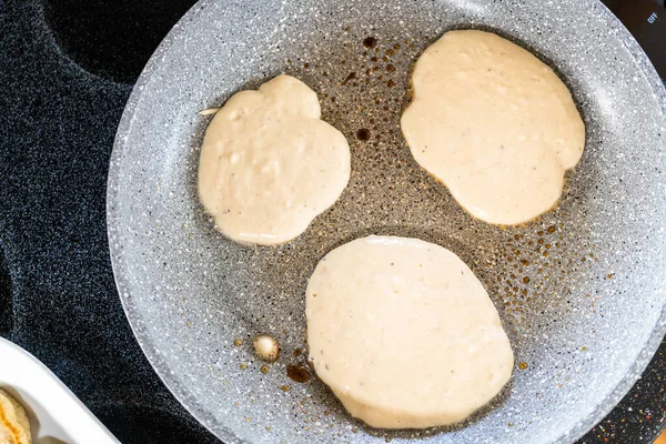 Frying Kefir Based Pancakes Cooking Pan Electric Stove — Stock Photo, Image