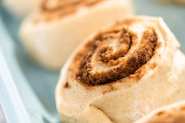 Rollos Canela Sin Cocer Una Bandeja Azul Para Hornear — Foto de Stock