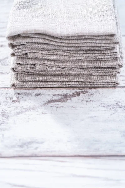 Closeup View Natural Color Linen Dinner Napkin Wooden White Table — Stock Photo, Image