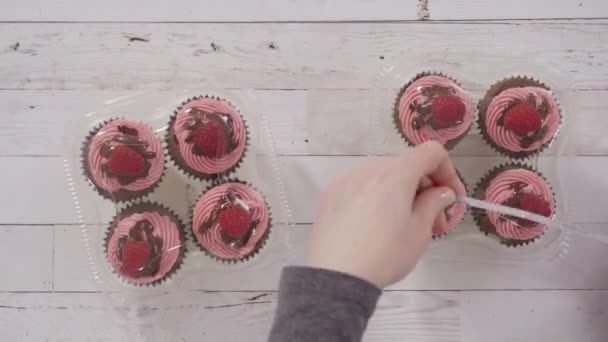 초콜릿 라즈베리 케익을 플라스틱 상자에 포장하는 — 비디오