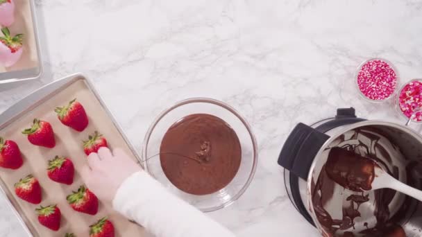Lépésről Lépésre Csokoládé Mártott Eper Díszítése Szitált Csokoládéval — Stock videók
