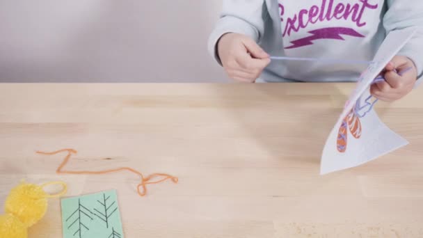 Little Girl Learning How Sew Sewing Craft Kit Kids — Stock Video